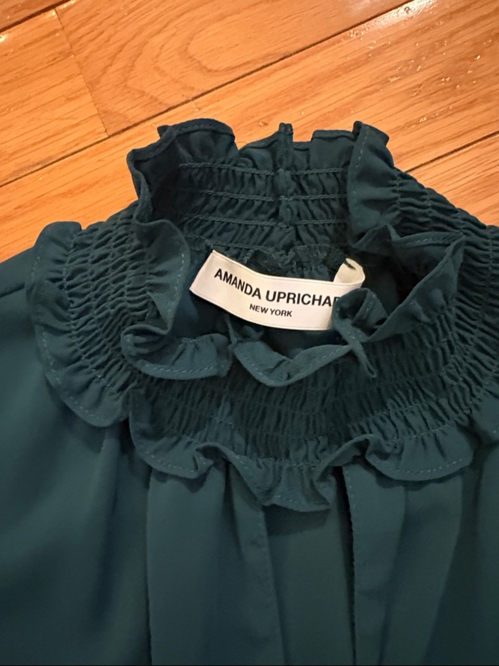 Amanda Uprichard Dark Teal Long Sleeve Smocked Waist Mini Dress - Picture 4 of 10